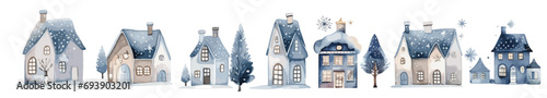 Watercolor Christmas winter houses, Blue illustration with pine trees