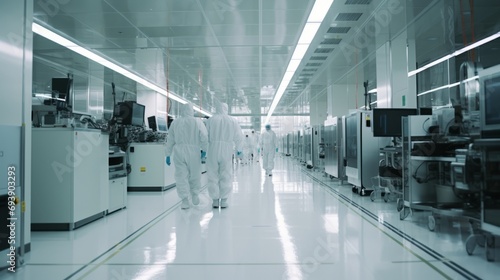 interior space of Advanced Semiconductor Production Fab Cleanroom with Working Overhead Wafer Transfer System Male worker having discussion in flexible electronics factory clean room photo