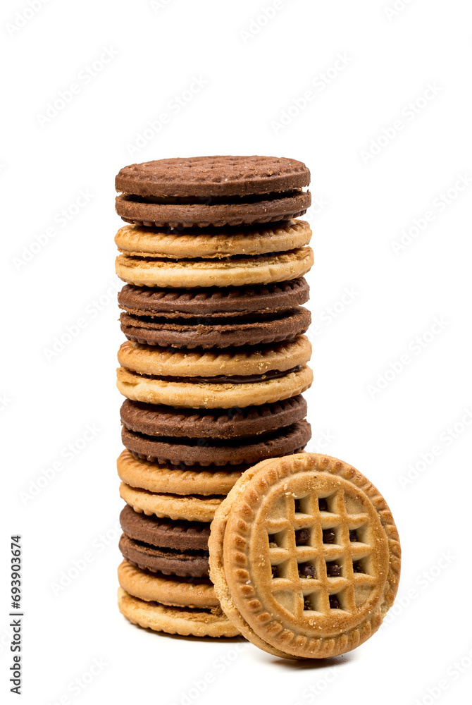 Chocolate and vanilla round cookies on a white background, round cookies on a white background Chocolate and vanilla round cookies on a white background, round cookies on a white background