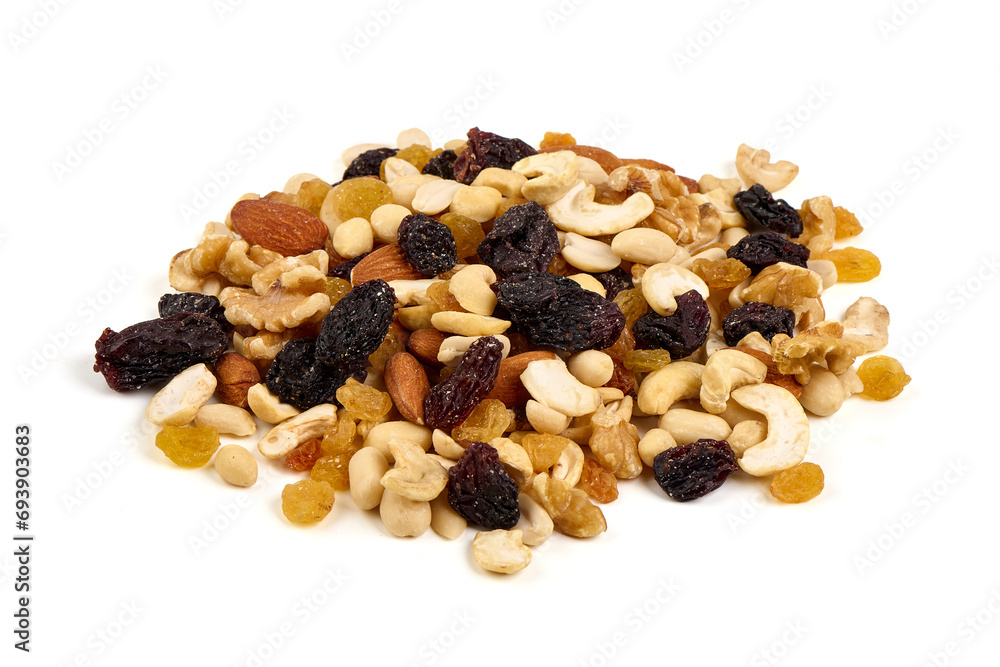 Healthy snack: mixed nuts and dried fruits, isolated on white background. Healthy snack: mixed nuts and dried fruits, isolated on white background.