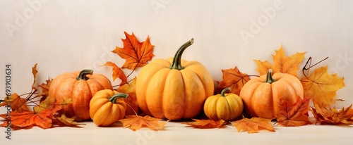Bright orange pumpkins and autumn leaves for Halloween on a creamy beige canvas, Pumpkin with autumn leaves on a table