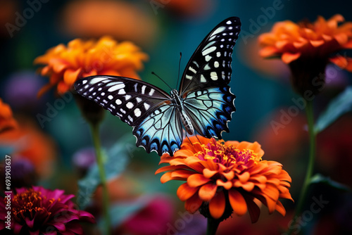 The quiet elegance of a butterfly resting on a vibrant flower, its wings a delicate tapestry of colors.