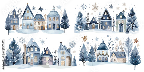 Watercolor Christmas winter houses, Blue illustration with pine trees