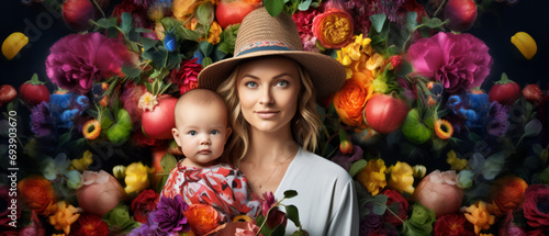 A Woman Holding a Baby in Front of a Bunch of Flowers © Usman