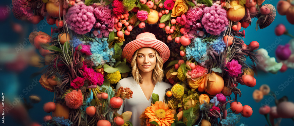 A Woman With a Stylish Hat Surrounded by Vibrant Blooms