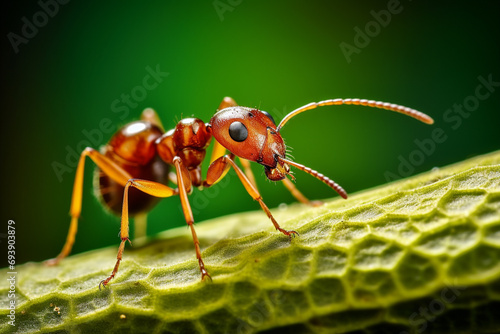 A macro shot of an ant carrying a leaf, showcasing the strength and determination of these tiny insects in their natural environment. © Oleksandr
