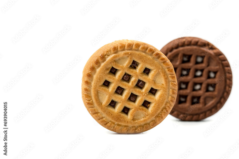 Chocolate and vanilla round cookies on a white background, round cookies on a white background Chocolate and vanilla round cookies on a white background, round cookies on a white background