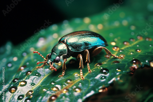 A macro shot of a tiny beetle navigating the surface of a leaf, the details of its iridescent exoskeleton captured with precision