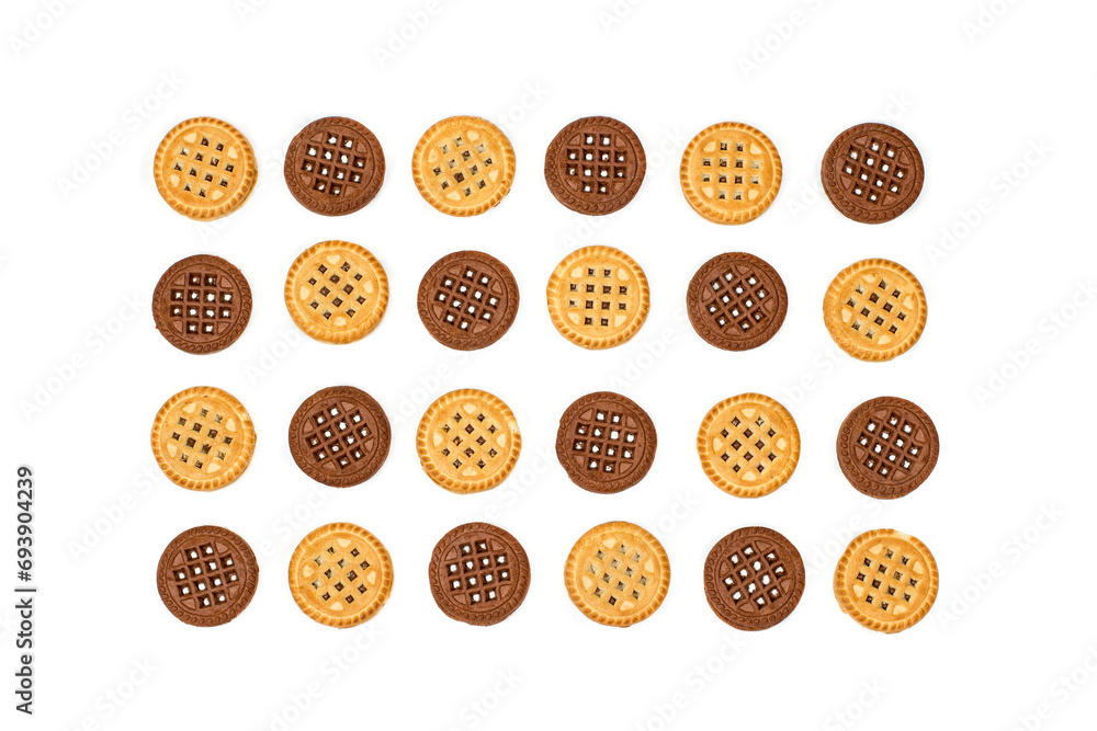 Chocolate and vanilla round cookies on a white background, round cookies on a white background Chocolate and vanilla round cookies on a white background, round cookies on a white background