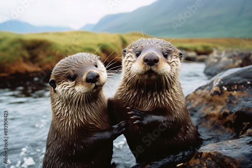 A charming image of two otters curiously interacting, radiating a sense of playfulness and curiosity, ideal for projects targeting a youthful audience. © Oleksandr