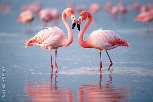 A graceful photograph of flamingos wading in water with a perfect reflection  conveying elegance  symmetry  and beauty.