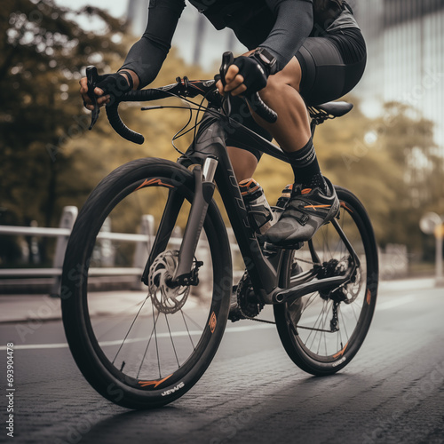 A man with the black bicycle cycling in the city photo