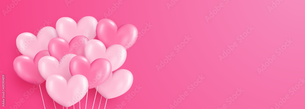 Welcome design in national pink color with realistic flying heart shaped helium balloons. Valentine celebration background, festival, welcome banner, card and poster.