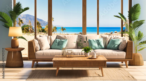 Beachfront Home Interior with Wicker Furniture and Tropical Plants Overlooking Serene Blue Ocean View © SK
