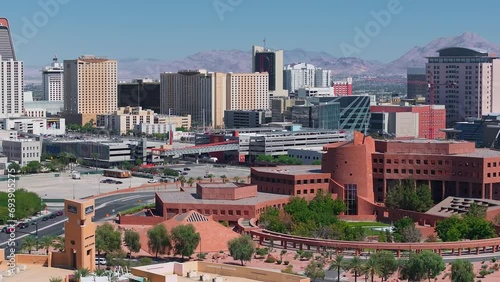 Aerial view on the Las Vegas city in Nevada, USA. Huge highways, traffic, and luxury hotels in Vegas along the Strip.