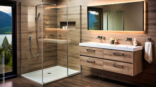 Modern Luxurious Bathroom Interior with Nature View and Wooden Finish photo