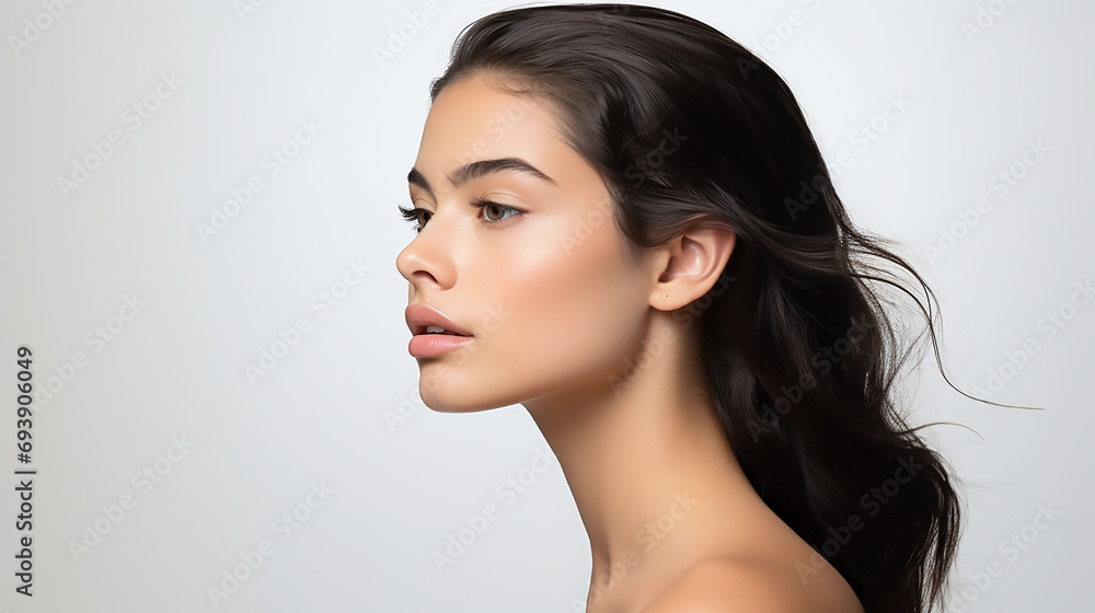 Side view of woman’s face, skin care or jewellery commercial template, mock up Side view of woman’s face, skin care or jewellery commercial template, mock up