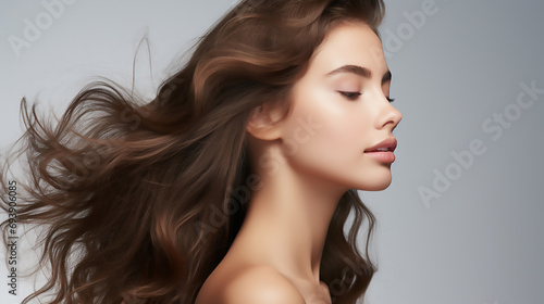 Side view of woman’s face, skin care or jewellery commercial template, mock up