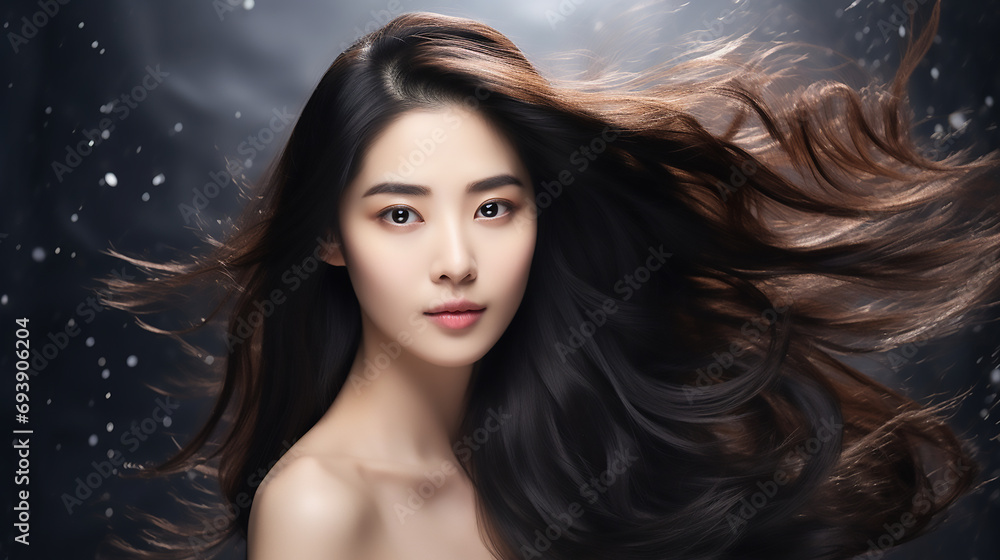 Portrait of beautiful young female Asian Korean model woman shaking her beautiful hair in motion. ad for shampoo conditioner hair products, commercial template 