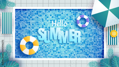 Summer vector banner design on swimming pool background with floating elements like leaves and beach ball for summer vacation vacation. Vector illustration