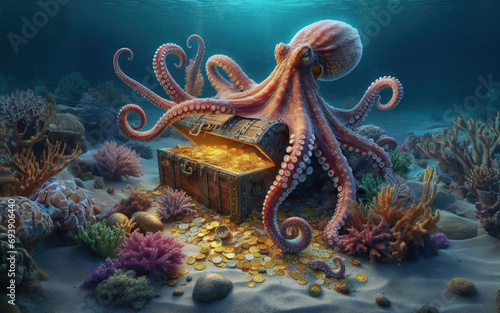 Octopus at the bottom of the sea guards a treasure chest, gold coins.