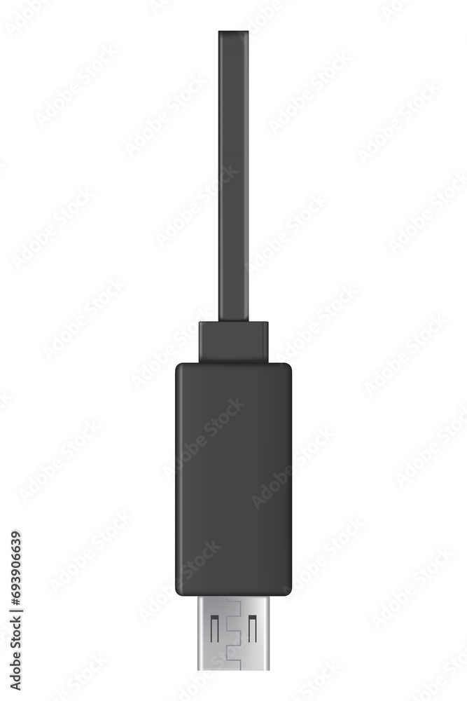 Usb cable connector, micro USB. Realistic of phone jack for cabling in black color. Cable for charging or transmitting information for modern electronic devices Usb cable connector, micro USB. Realistic of phone jack for cabling in black color. Cable for charging or transmitting information for modern electronic devices