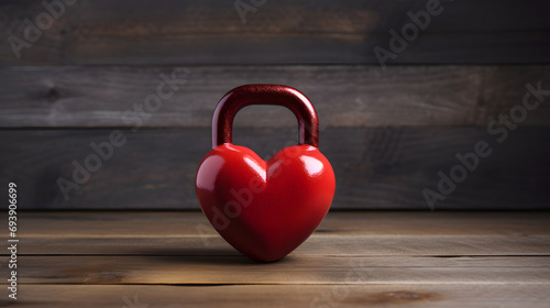 Kettlebell made from red heart on wooden background promotes fitness and Valentines day with copyspace for text photo
