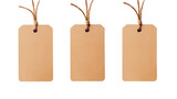 Set or collection brown natural craft kraft paper hang tags, price tags or gift tags with striped bakers twine, isolated design elements, different positions, PNG File