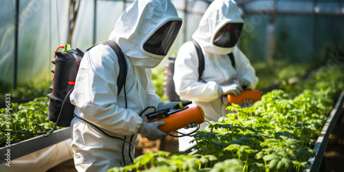 Two agricultural workers in protective suits spraying plants with pesticide in a sunlit greenhouse, ensuring crop health and pest control