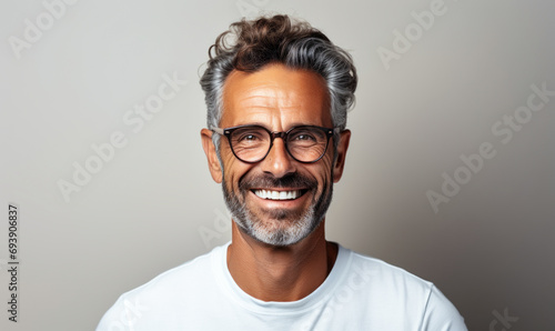 Confident Mature Man with Salt and Pepper Hair Smiling in Casual White Polo Shirt and Glasses Against a Plain Background © Bartek