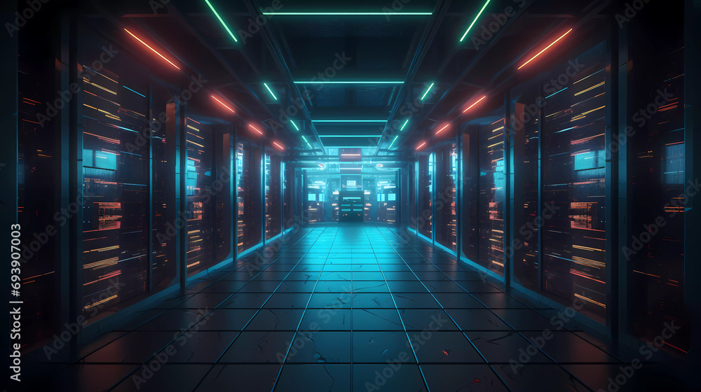Futuristic security cloud data center server racks with pink vibrant neon-lit light.3d rendering. Futuristic security cloud data center server racks with pink vibrant neon-lit light.3d rendering.