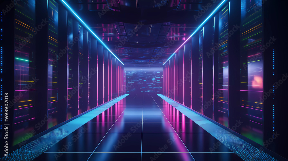 Futuristic security cloud data center server racks with pink vibrant neon-lit light.3d rendering. - obrazy, fototapety, plakaty 