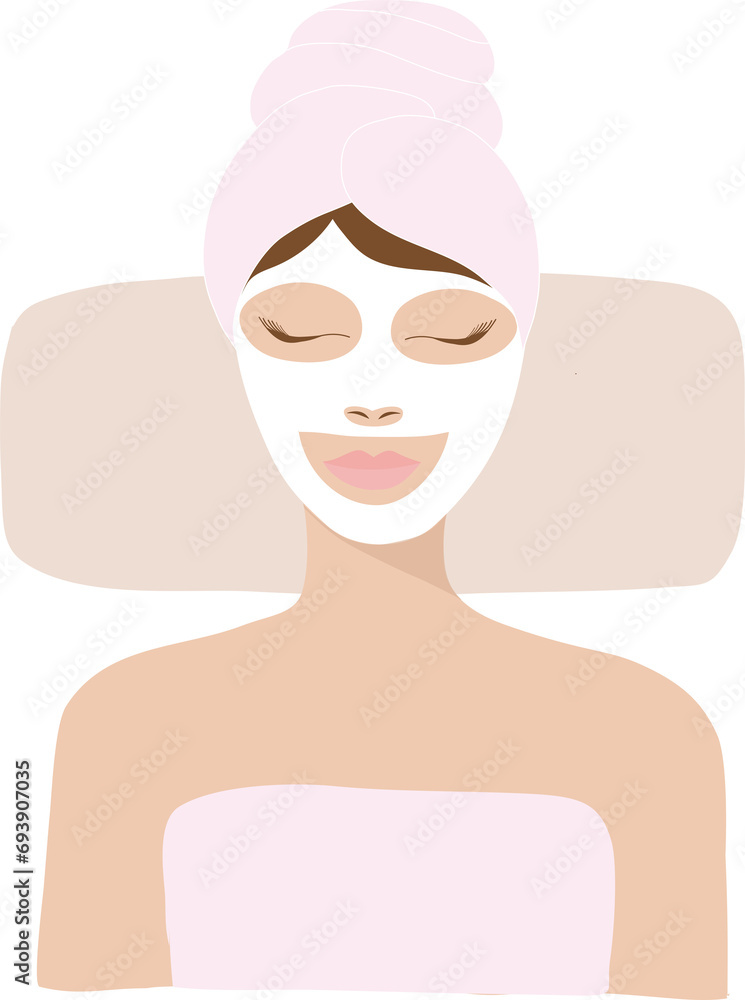 Beautiful woman wearing facial mask sleeping in spa treatment salon on png background. Facial spa design concept background Beautiful woman wearing facial mask sleeping in spa treatment salon on png background. Facial spa design concept background