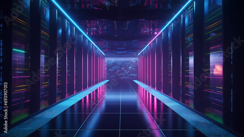 Futuristic security cloud data center server racks with pink vibrant neon-lit light.3d rendering.
