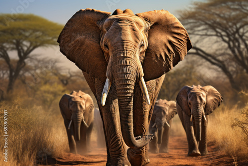 A wise old elephant leading its herd through the grasslands  showcasing the familial and leadership dynamics within elephant communities. Concept of family bonds in wildlife. Generative Ai.