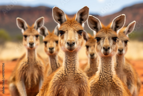A group of kangaroos bounding across the Australian outback, embodying the unique and specialized adaptations of wildlife in distinct regions.  Generative Ai.