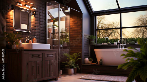 Intimate Home Bathroom Design with Warm Lighting  Large Windows  and Lush Greenery Accents