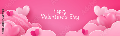 Happy Valentine's Day. Pink clouds with beautiful pink hearts frame on pink background. Vector illustration in paper cut style. Place for text.