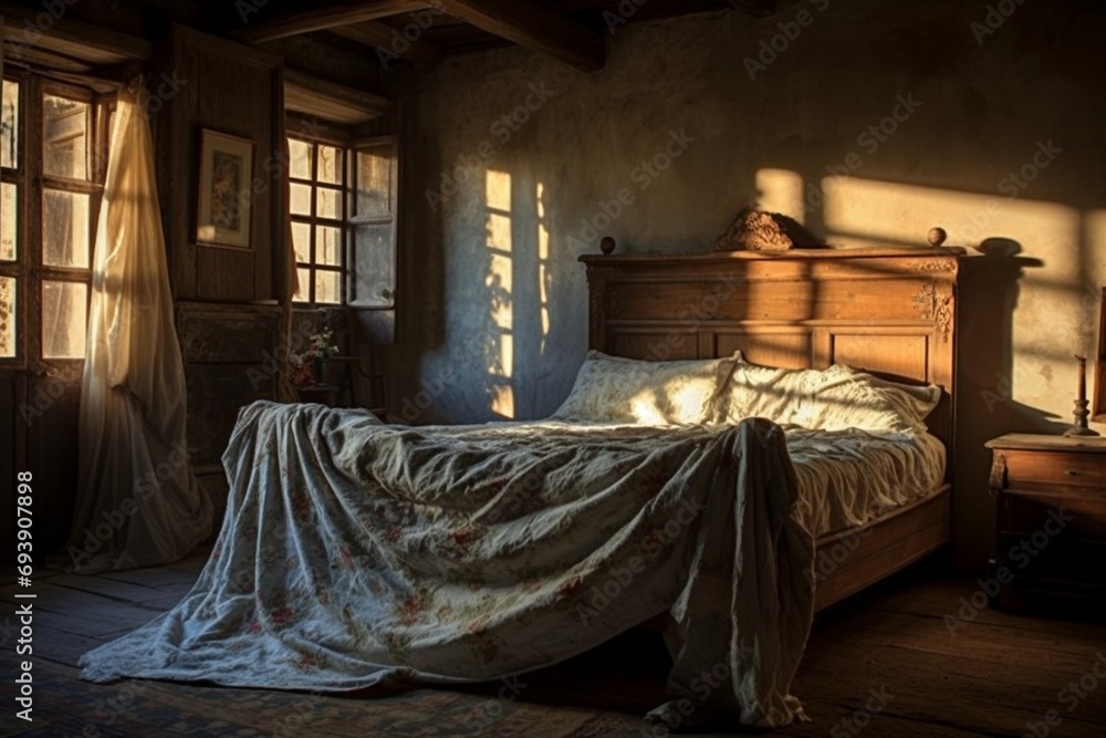 Weathered wooden beams overhead, casting gentle shadows on a vintage wrought-iron bed adorned with hand-knit blankets Weathered wooden beams overhead, casting gentle shadows on a vintage wrought-iron bed adorned with hand-knit blankets