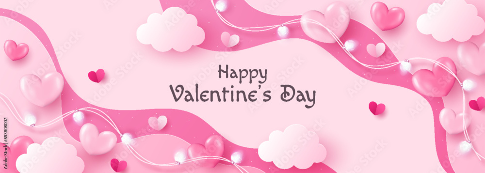 Valentine's Day background with hearts, clouds and lights. Cute illustration for love sale banner or greeting card. Valentine's Day background with hearts, clouds and lights. Cute illustration for love sale banner or greeting card.