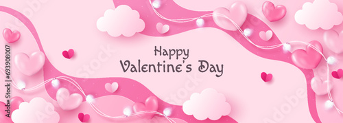 Valentine's Day background with hearts, clouds and lights. Cute illustration for love sale banner or greeting card.