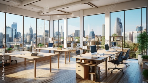 A collaborative workspace with a combination of standing desks, comfortable seating, and large windows with city views.