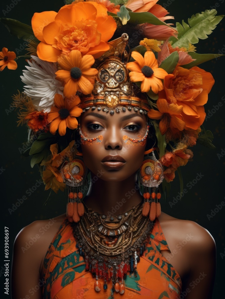 The woman proudly wearing traditional attire, surrounded by a wreath of flowers that incorporates the colors of the African flag, symbolizing cultural pride for Africa Day The woman proudly wearing traditional attire, surrounded by a wreath of flowers that incorporates the colors of the African flag, symbolizing cultural pride for Africa Day