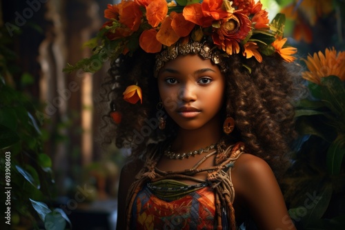 African girl in diverse floral wreath, symbolizing unity and joy for Africa Day