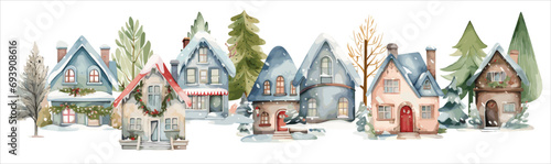 Watercolor Christmas winter houses, Holiday illustration with village and pine trees