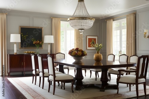 A classic dining room with a long mahogany table 