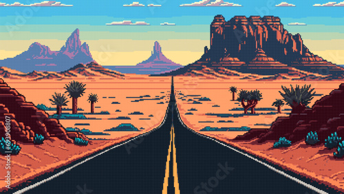 American desert road landscape ai pixel game scene