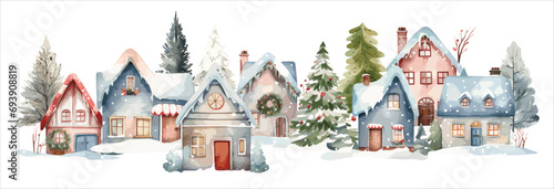 Watercolor Christmas winter houses, Holiday illustration with village and pine trees