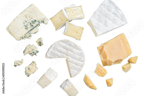 Assortment of cheese. Camembert, brie, blue cheese, parmesan. Transparent background. Isolated.