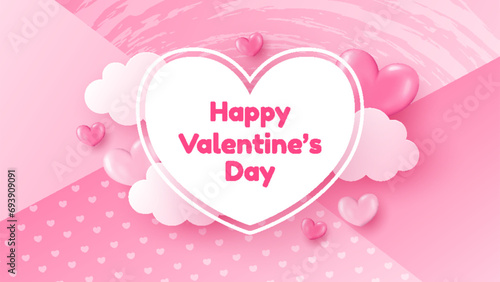 Valentine's Day background with 3D pink hearts, clouds and white heart frame. Cute illustration for love sale banner or greeting card.